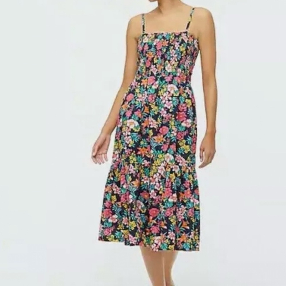 J. Crew Smocked Floral Midi Dress XS Sleeveless Colorful A-line Casual - Picture 2 of 7